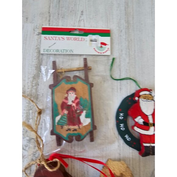Vintage wooden Santa ornament set sled clause rustic country folk art shabby chi - Picture 4 of 9